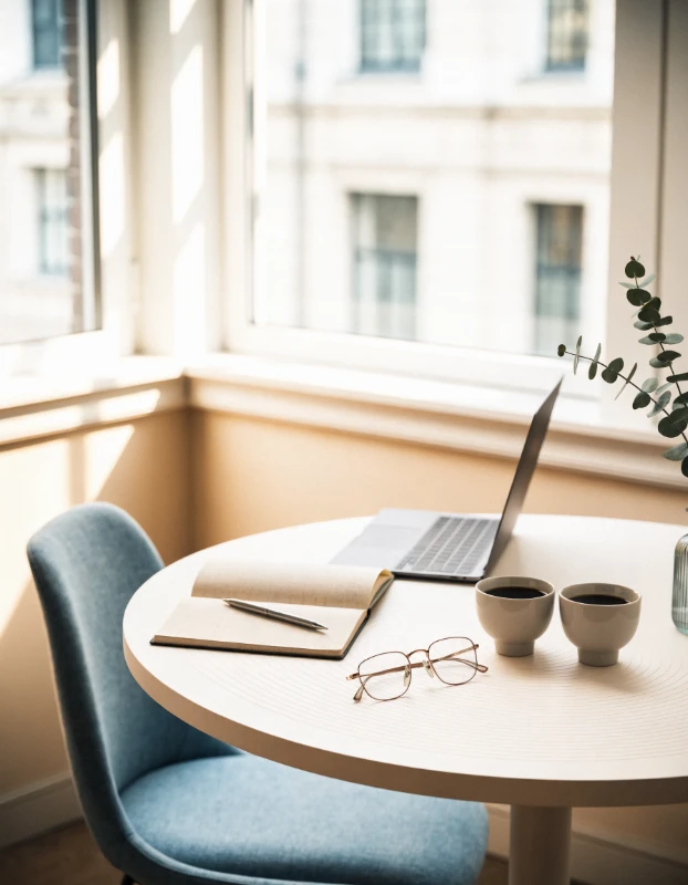 A one-on-one strategy session table with a notebook and coffee