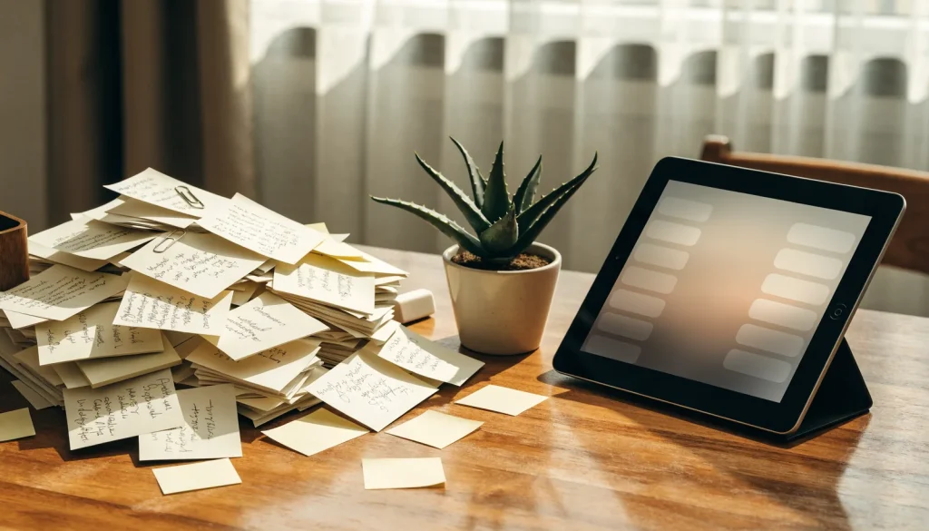 Spa office desk with paper index cards beside a tablet showing a contact list