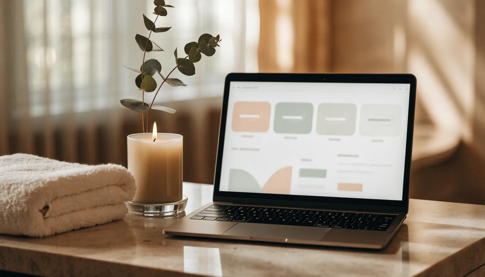 Laptop showing a CRM dashboard on a spa front desk beside a candle and eucalyptus