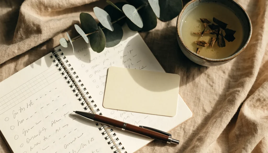 Notebook checklist, blank membership card and herbal tea on a spa planning desk