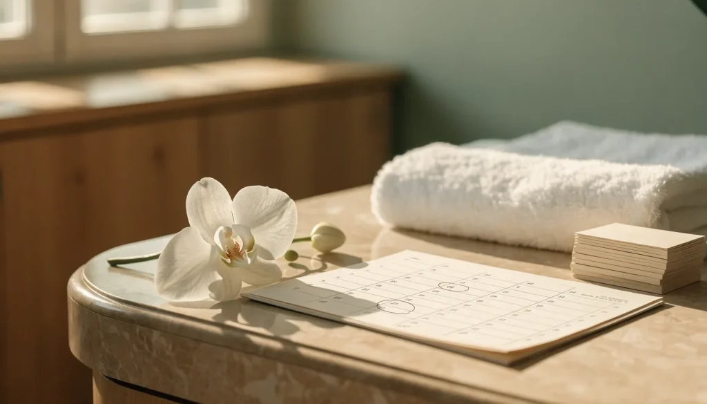 Spa reception desk with an open appointment calendar, client cards and a white orchid