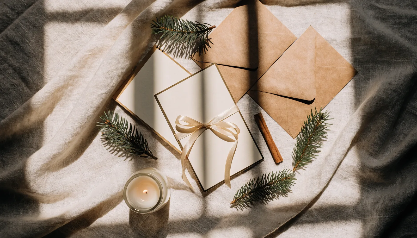 Cream and gold spa gift cards with ribbon, envelopes and pine sprigs on linen