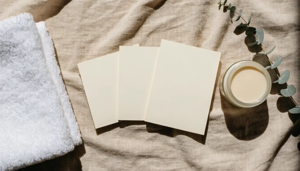 Three blank membership cards fanned beside a folded towel and a small skincare jar on a spa reception desk