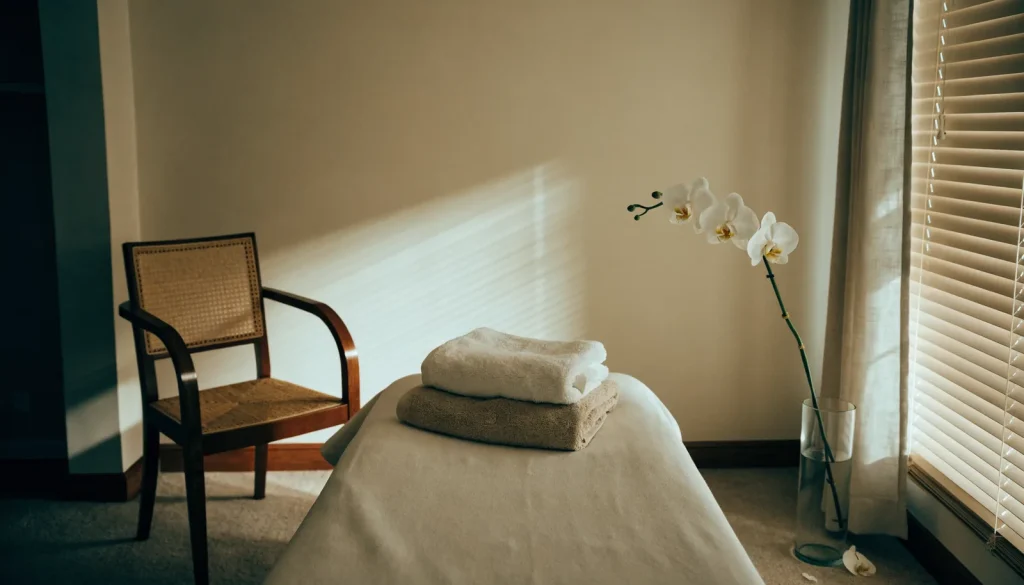 Empty spa treatment room with a made bed, folded towels and a fallen orchid petal